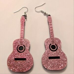 Pink Guitar Sparkling Novelty Earrings NWT